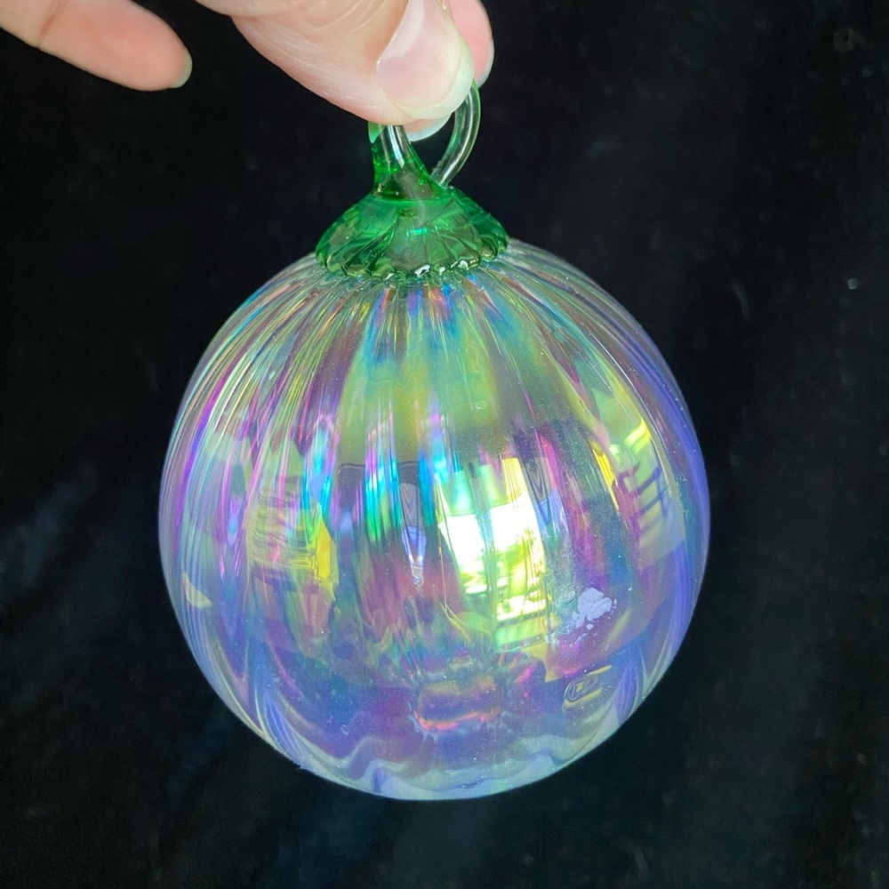 Hand Blown Glass Ball Ornament Iridescent Clear Orb with Green Hook GES
